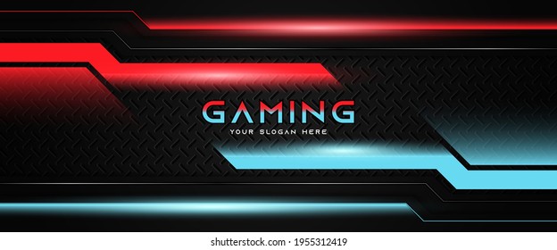 Futuristic red and blue abstract gaming banner design template with metal technology concept. Vector illustration for business corporate promotion, game header social media, live streaming background