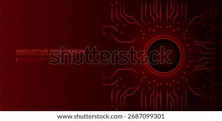 Futuristic Red Circuit Board Background with Central Core and Glowing Tech Lines