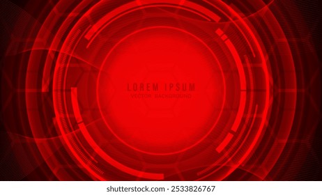 Futuristic red circular and hexagonal background with high-tech appearance, multiple layers of semi-transparent shapes, intricate lines, and glowing elements. Vector illustration