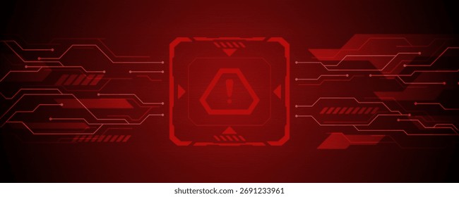 Fundo de alerta de cibersegurança vermelho futurista com linhas de circuito digital brilhantes e símbolo de aviso representando erro do sistema, violação de dados e detecção de ataques cibernéticos em rede de tecnologia.