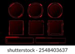 Futuristic red digital frames collection with circular borders, rectangular shapes and elongated banners for game interface design in cyberpunk style. Modern geometric sci fi aesthetic text boxes.