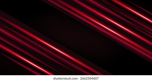 Listras diagonais brilhantes em vermelho futurista sobre fundo preto. Design elegante de faixas de luz metálica perfeito para banners de tecnologia, jogos ou apresentações de luxo modernas.

