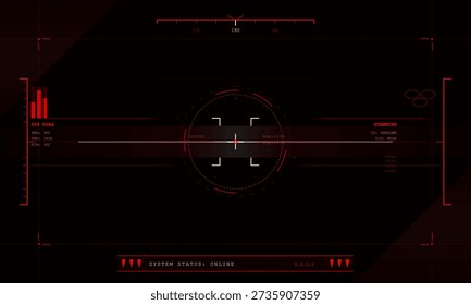 A futuristic red head-up display interface on a black background featuring a central crosshair, circular targeting elements, and various technical data readouts for system diagnostics.
