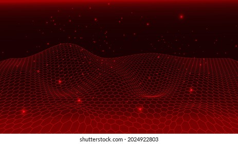 Futuristic Red hexagon background. Futuristic honeycomb concept. Wave of particles. Abstract fire background with a dynamic wave. Big data visualization vector illustration