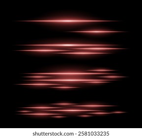 Futuristic red light streaks set. Glowing horizontal laser beams with motion blur on a dark background. Sci-fi energy lines, cyberpunk style, digital speed effects, and modern technology aesthetics.
