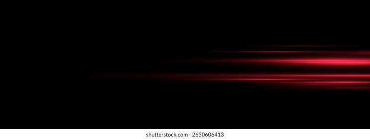 Futuristic Red Neon Light Beam with Horizontal Glow and Flare. Shiny Light Streak Effect, Glowing Line Trail and Flash on Transparent Background for Abstract or High-Tech Vector Illustration