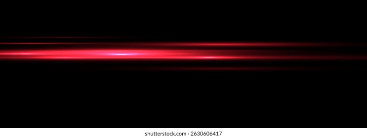 Futuristic Red Neon Light Beam with Horizontal Glow and Flare. Shiny Light Streak Effect, Glowing Line Trail and Flash on Transparent Background for Abstract or High-Tech Vector Illustration