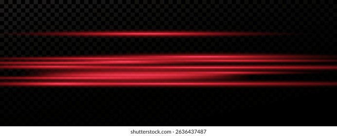 Futuristic Red Neon Light Beam with Horizontal Glow and Flare. Shiny Light Streak Effect, Glowing Line Trail and Flash on Transparent Background for Abstract or High-Tech Vector Illustration