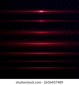 Futuristic Red Neon Light Beam with Horizontal Glow and Flare. Shiny Light Streak Effect, Glowing Line Trail and Flash on Transparent Background for Abstract or High-Tech Vector Illustration
