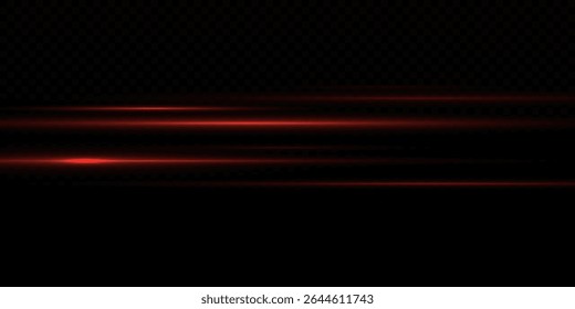 Futuristic Red Neon Light Beam with Horizontal Glow and Flare. Shiny Light Streak Effect, Glowing Line Trail and Flash on Transparent Background for Abstract or High-Tech Vector Illustration