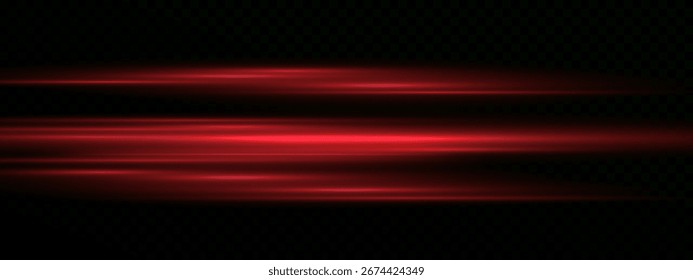  Futuristic Red Neon Light Beam with Horizontal Glow and Flare. Shiny Light Streak Effect, Glowing Line Trail and Flash on Transparent Background for Abstract or High-Tech Vector Illustration