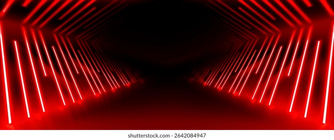 Futuristic red neon tunnel with glowing geometric lines - abstract corridor perspective with bright laser arrows creating infinite depth for cyberpunk bg, gaming or electronic music designs.