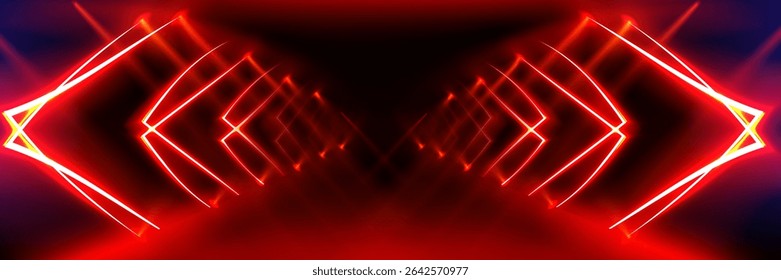 Futuristic red neon tunnel with glowing geometric lines - abstract corridor perspective with bright laser arrows creating infinite depth for cyberpunk bg, gaming or electronic music designs.