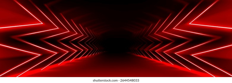 Túnel de néon vermelho futurista com linhas geométricas brilhantes - perspectiva de corredor abstrato com setas a laser brilhantes criando profundidade infinita para projetos de música cyberpunk bg, jogos ou eletrônica.