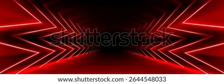 Futuristic red neon tunnel with glowing geometric lines - abstract corridor perspective with bright laser arrows creating infinite depth for cyberpunk bg, gaming or electronic music designs.