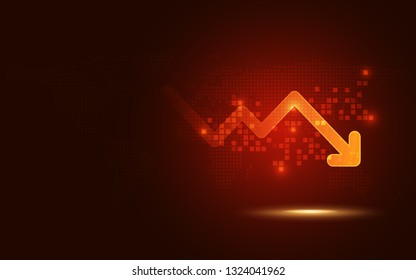 Futuristic red signal trend drop down arrow chart digital transformation abstract technology background. Big data and business growth currency stock and investment indicator of set trade economy