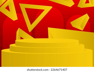 Futuristic red and yellow stage showcase. Sci-fi pedestal podium for presentation. Abstract mockup realistic vector product display. Minimal geometric forms, cylinder with empty scene.