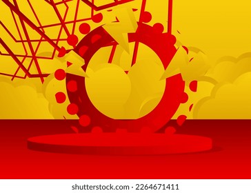 Futuristic red and yellow stage showcase. Sci-fi pedestal podium for presentation. Abstract mockup realistic vector product display. Minimal geometric forms, cylinder with empty scene.