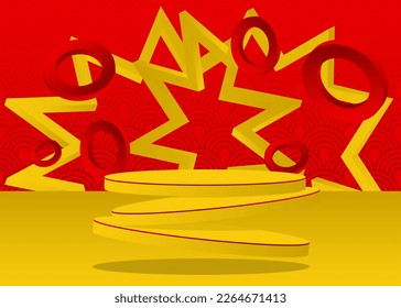 Futuristic red and yellow stage showcase. Sci-fi pedestal podium for presentation. Abstract mockup realistic vector product display. Minimal geometric forms, cylinder with empty scene.