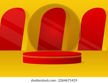 Futuristic red and yellow stage showcase. Sci-fi pedestal podium for presentation. Abstract mockup realistic vector product display. Minimal geometric forms, cylinder with empty scene.