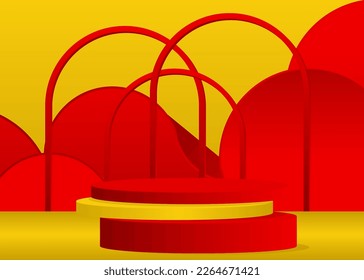 Futuristic red and yellow stage showcase. Sci-fi pedestal podium for presentation. Abstract mockup realistic vector product display. Minimal geometric forms, cylinder with empty scene.