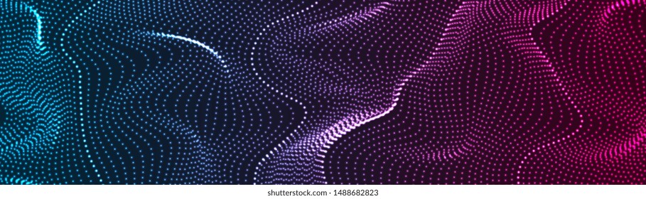 Futuristic refracted dotted lines waves abstract banner design. Blue purple technology background. Vector illustration