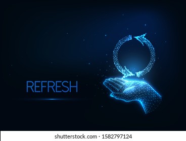 Futuristic refresh, reload, recycle concept with glowing low polygonal human hand holding reload symbol isolated on dark blue background. Modern wire frame mesh design vector illustration.