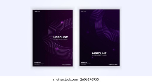 The futuristic report includes glowing curved lines, swirl elements and modern abstract designs