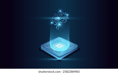 Futuristic representation of artificial intelligence, with a glowing microchip at the base emitting a holographic The microchip at the center represents computational power.