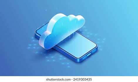 Representación futurista de la tecnología de computación en nube con una nube luminosa sobre un smartphone de fondo azul. Cloud Computing Concept con Smartphone. Ilustración de la tecnología de nube.