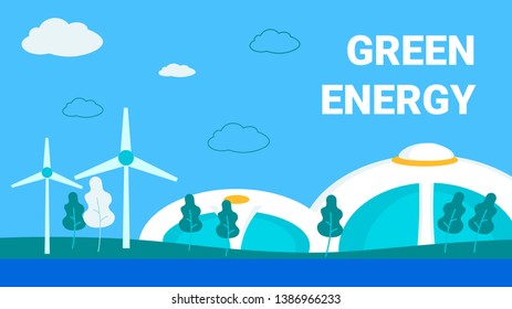Futuristic Research Center Flat Banner Template. Modern Buildings Using Green Energy. Windmills Utilising Renewable Power. Eco-Friendly Power Station, Company Advertising Typography