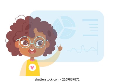 Futuristic research of digital hologram with data by smart kid vector illustration. Cartoon cute girl student doing analysis of diagram in education process isolated on white. AR technology concept