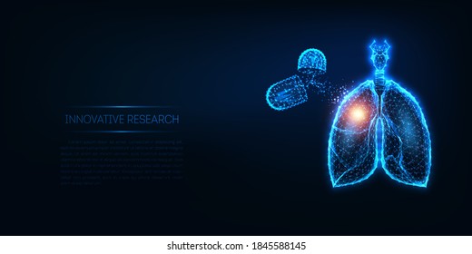 Futuristic respiratory disease medical treatment concept with glowing low polygonal lungs and pills on dark blue background. Modern wireframe mesh design vector illustration.