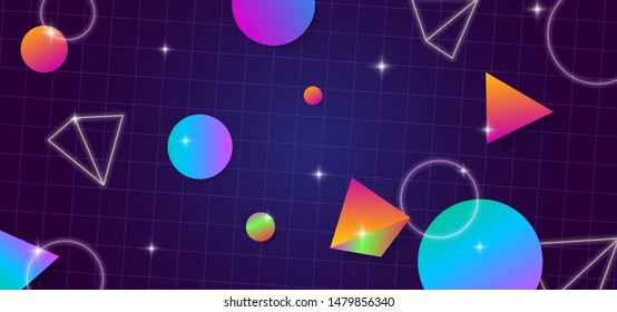 Futuristic retro 1980s style abstract cover banner design. 80s colorful gradient effect geometry polygon shape vector illustration with cyber space grid background