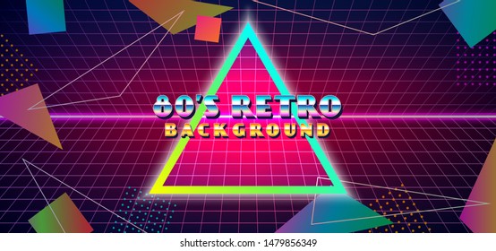 Diseño de banderín abstracto al estilo de los años 80. Geometría de efecto degradado de color de los años 80, forma ilustración vectorial con cuadrícula de ciberespacio y fondo de horizonte de neón brillante