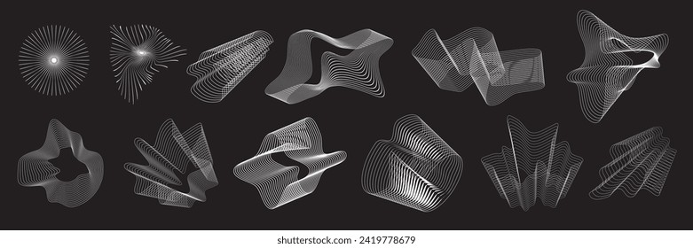 Futuristic retro 3D element set, vector cyberpunk grid wave shape, wireframe space collection. Geometric y2k technology wavy dynamic object, organic structure energy sign. Line futuristic shapes