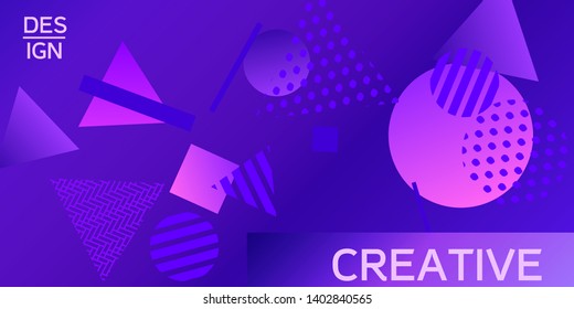Futuristic retro 3D geometric design.  Minimal universal banner templates in memphis style. Minimalistic Violet background design with dynamic shapes. Vector illustration.