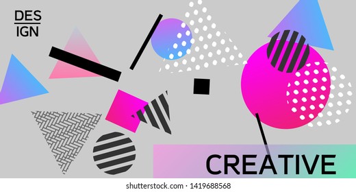 Futuristic retro 3D geometric design.  Minimal universal banner templates in memphis style. Abstract minimalistic background design with dynamic shapes. Vector illustration.