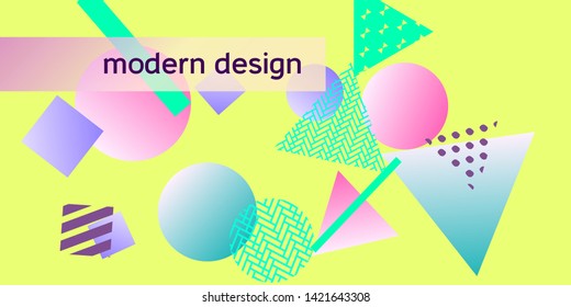 Futuristic retro 3D geometric design.  Minimal universal banner templates in memphis style. Minimalistic yellow background design with dynamic shapes. Vector illustration.