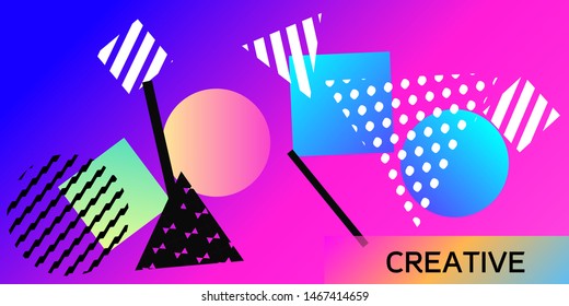 Futuristic retro 3D geometric design.  Minimal universal banner templates in memphis style. Dynamic composition. Vector illustration.