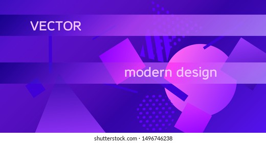 Futuristic retro 3D geometric design.  Minimal universal banner templates in memphis style. Minimalistic Violet background design with dynamic shapes. Vector illustration.