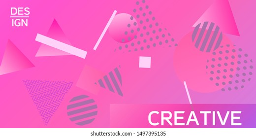 Futuristic retro 3D geometric design.  Minimal universal banner templates in memphis style. Minimalistic pink background design with dynamic shapes. Vector illustration.