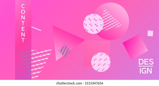 Futuristic retro 3D geometric design.  Minimal universal banner templates in memphis style. Minimalistic pink background design with dynamic shapes. Vector illustration.