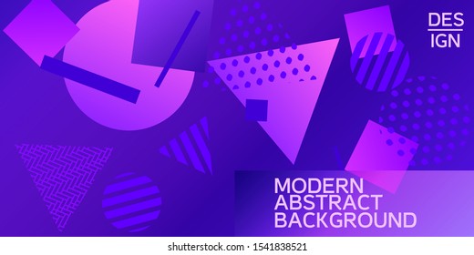 Futuristic retro 3D geometric design.  Minimal universal banner templates in memphis style. Minimalistic Violet background design with dynamic shapes. Vector illustration.
