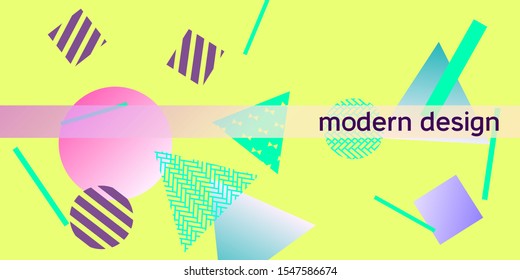 Futuristic retro 3D geometric design.  Minimal universal banner templates in memphis style. Minimalistic yellow background design with dynamic shapes. Vector illustration.