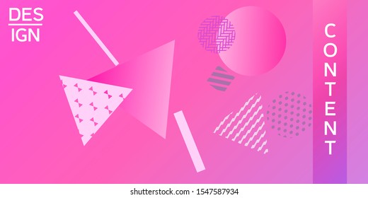 Futuristic retro 3D geometric design.  Minimal universal banner templates in memphis style. Minimalistic pink background design with dynamic shapes. Vector illustration.