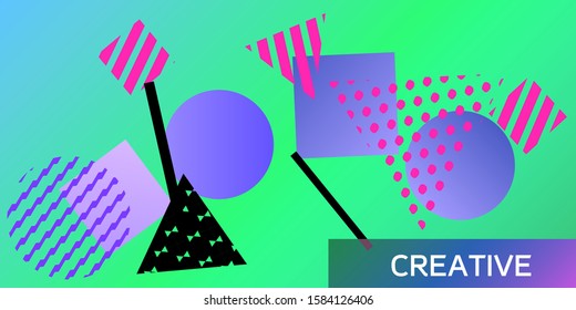 Futuristic retro 3D geometric design.  Minimal universal banner templates in memphis style. Dynamic composition. Vector illustration.