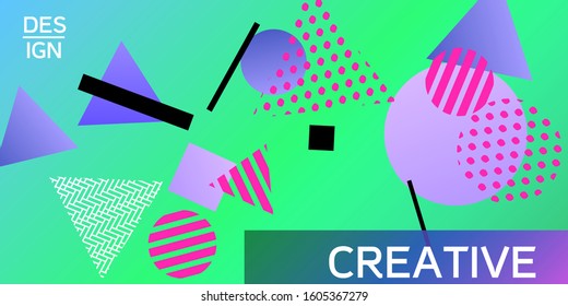Futuristic retro 3D geometric design.  Minimal universal banner templates in memphis style. Dynamic composition. Vector illustration.