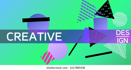 Futuristic retro 3D geometric design.  Minimal universal banner templates in memphis style. Minimalistic green background design with dynamic shapes. Vector illustration.