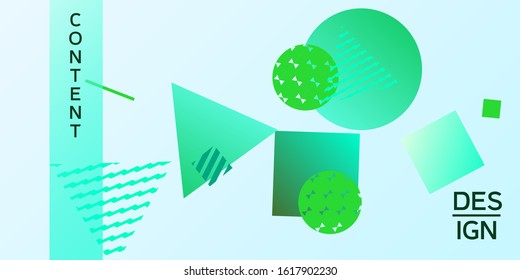 Futuristic retro 3D geometric design.  Minimal universal banner templates in memphis style. Minimalistic green background design with dynamic shapes. Vector illustration.